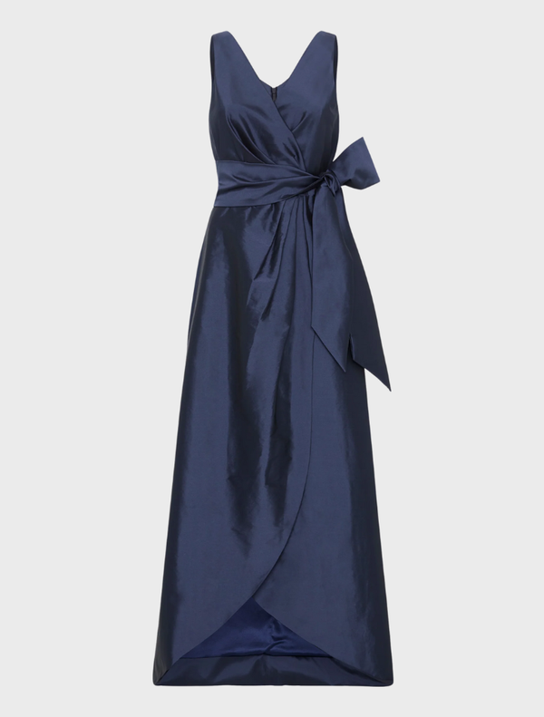 Navy Rene gown with a sleek design and graceful draping, ideal for evening events and special occasions.