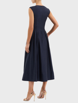 Stylish navy Serenity Midi Dress with a graceful midi length, perfect for both day and evening wear.