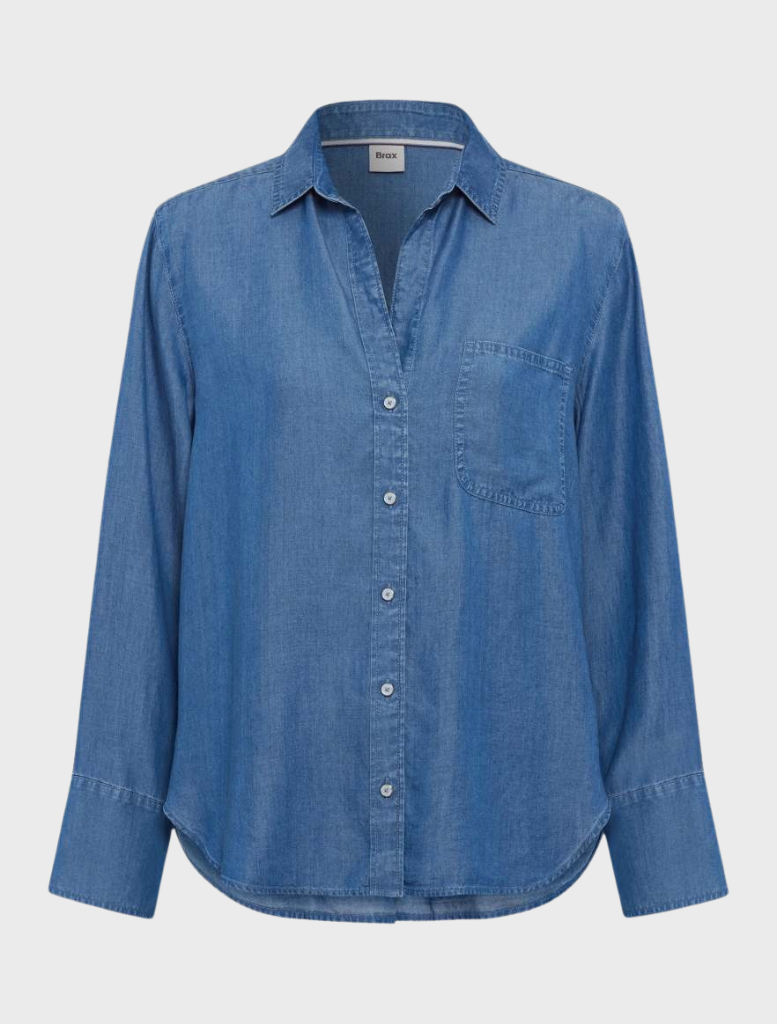 Long sleeve navy denim shirt featuring a button-down collar.
