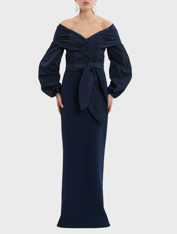 Elegant navy dress with a bow accent on the shoulder, named Sibylla Gown.