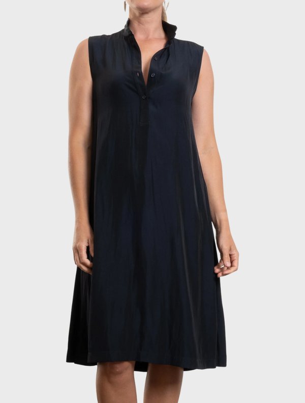 Elegant navy Tab Slide Dress with a streamlined fit, ideal for both casual and formal events.