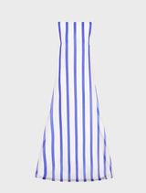 Yumei's navy gown features stripes and an open back, combining elegance and modern style for any event.