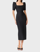 Sophisticated black maxi dress with a square neck and column shape, ideal for special events or stylish outings.