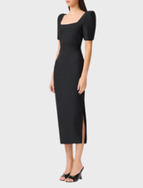 Elegant black maxi dress with a square neck and column silhouette, perfect for formal occasions or evening wear.