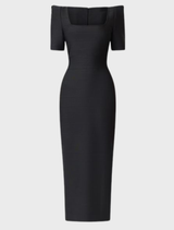 Black column maxi dress with a square neckline, featuring a fitted silhouette and elegant floor-length design.