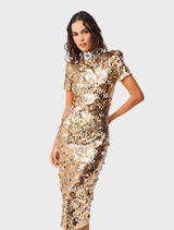 Elegant gold sequin midi dress with short sleeves by Noelle, designed for a stylish and sophisticated look at events.