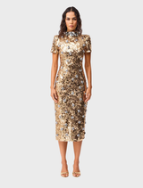Gold sequin short sleeve midi dress by Noelle, featuring a fitted bodice and flowing skirt, perfect for formal occasions.