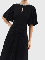 Elegant black midi dress with diamante details, crew neck, flounce sleeves, and a ruched waist, perfect for special occasions.
