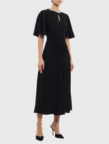 Sophisticated black Noemie Midi Dress with a keyhole front, flounce sleeves, and a fit and flare skirt, ideal for weddings.