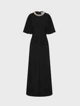 Black Noemie Midi Dress featuring diamante embellishments, crew neckline, flounce sleeves, and a flattering fit and flare silhouette.