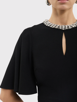 Sophisticated black Noemie Midi Dress with a keyhole front, flounce sleeves, and a fit and flare skirt, ideal for weddings.