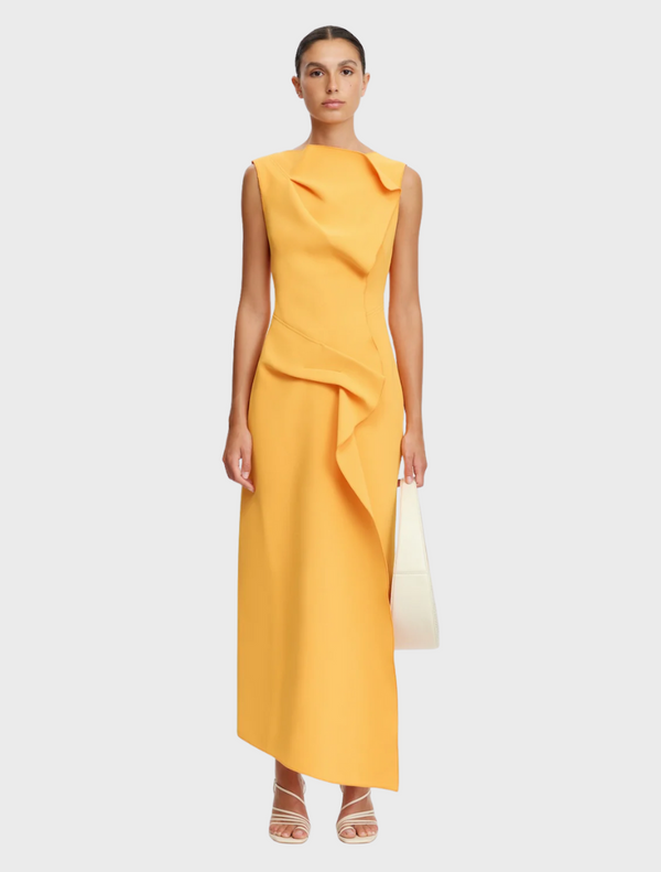 Normanhill Midi Dress in Neon Mango, featuring a vibrant color and elegant midi length for a stylish summer look.