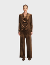 Nutmeg drape top showcasing a lightweight design and flattering drape, perfect for versatile styling options.