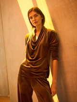 Soft nutmeg drape top with a flowing silhouette, perfect for comfortable, stylish wear in any season.
