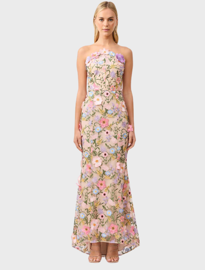  Strapless floral gown featuring a vibrant floral print fabric, elegantly designed for a stylish look.