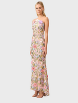 Floral print strapless gown, designed with a flowing silhouette for a graceful and fashionable appearance.