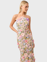 Strapless gown with a beautiful floral print fabric, perfect for formal occasions or summer events.