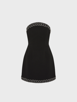 Black strapless mini dress featuring silver chain detailing, named Nyx Strapless Mini Dress.
