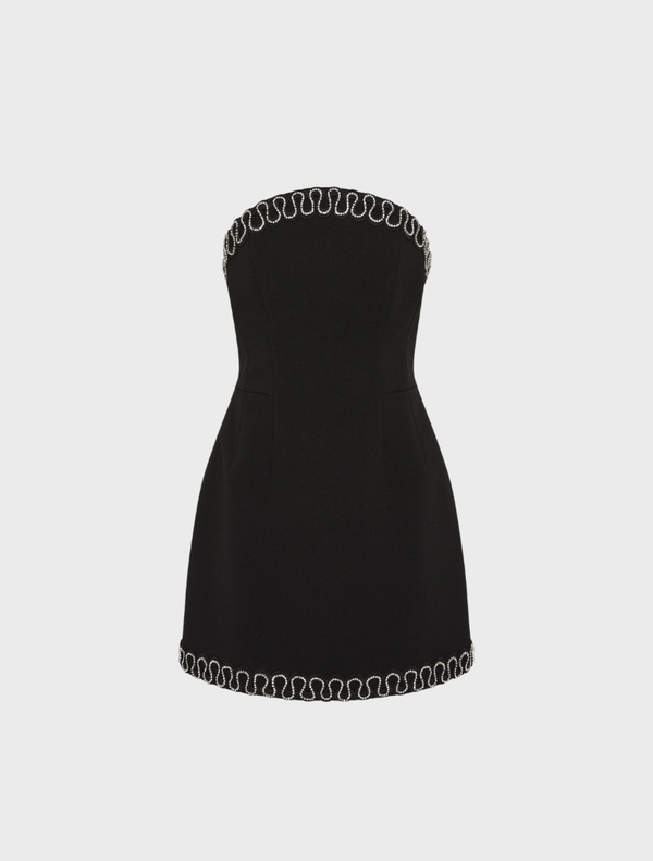 Black strapless mini dress featuring silver chain detailing, named Nyx Strapless Mini Dress.