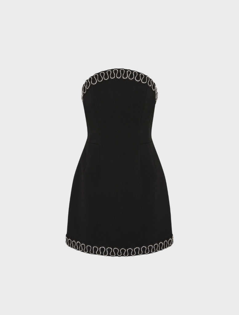 Black strapless mini dress featuring silver chain detailing, named Nyx Strapless Mini Dress.