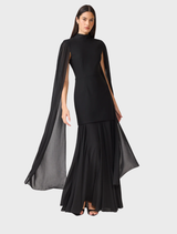 Black gown featuring stylish cape sleeves, perfect for evening events and formal gatherings.