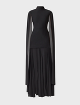 Black gown featuring stylish cape sleeves, perfect for evening events and formal gatherings.