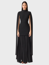Elegant black gown with cape sleeves, showcasing a sophisticated design suitable for formal occasions.