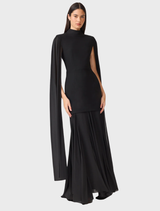 Sophisticated black gown with dramatic cape sleeves, ideal for formal wear and evening occasions.
