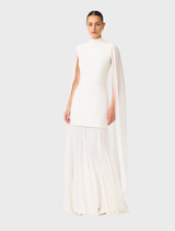 Sophisticated White gown with dramatic cape sleeves, ideal for formal wear and evening occasions.