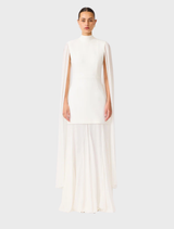 Elegant white gown with cape sleeves, showcasing a sophisticated design suitable for formal occasions.