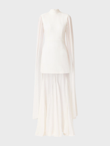 White gown featuring stylish cape sleeves, perfect for evening events and formal gatherings.