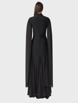 Black gown with elegant cape sleeves, combining modern style with classic sophistication for formal events.