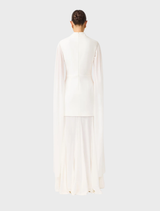 White gown with elegant cape sleeves, combining modern style with classic sophistication for formal events.