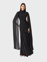 Elegant black gown with cape sleeves, showcasing a sophisticated design suitable for formal occasions.