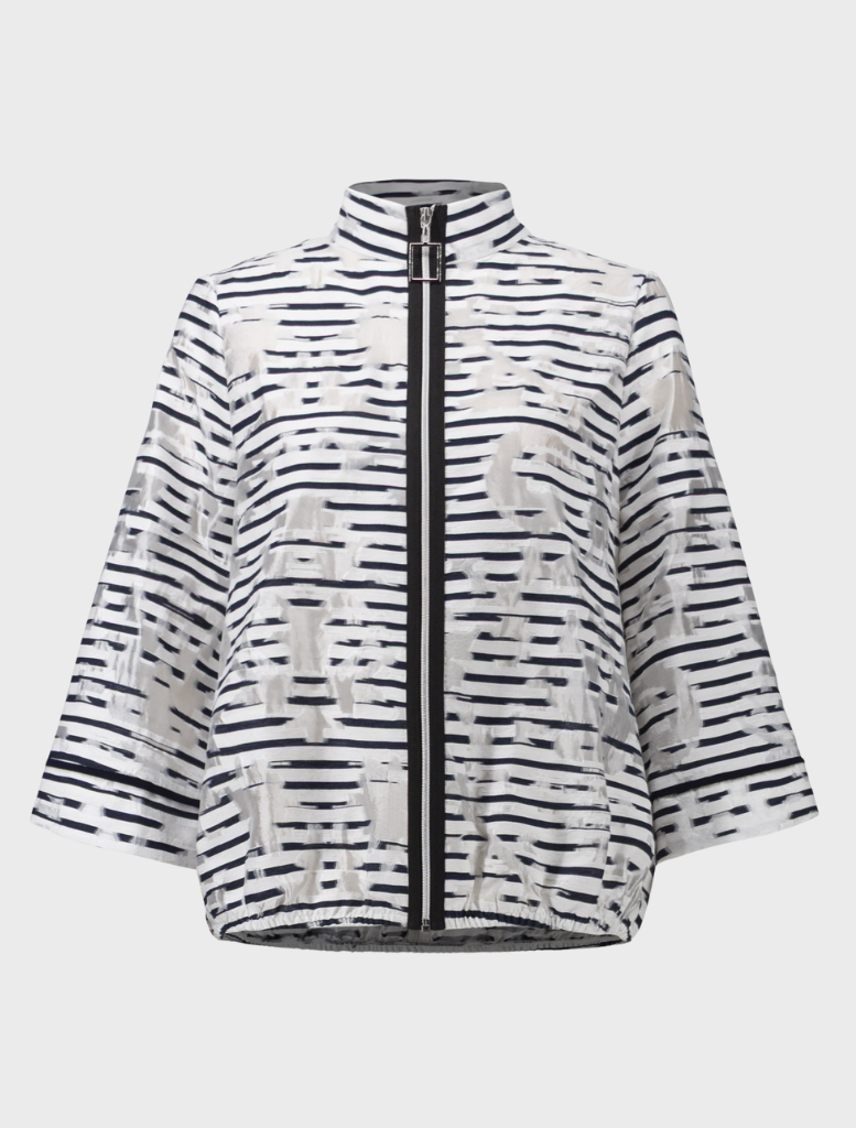 Off-white and navy jacket presented on a hanger, illustrating a chic and fashionable option for various outfits.