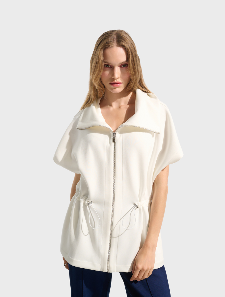 Off-white sporty hip-length jacket, designed for comfort and style, perfect for active lifestyles.