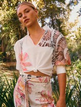 Oleander Cotton Silk Blouse featuring a shirred collar, V-neckline, and three-quarter puff sleeves in Nautilus Bloom design.
