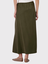 Elegant olive modal skirt with a straight cut, adjustable waist, side slit, and no visible fastenings for a minimalist look.