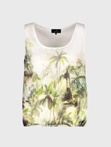 Olive satin top with tropical print, round neckline, tank sleeves, and elastic hem, ideal for a chic summer outfit.