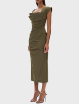 Close-up of an olive Salma dress, highlighting its intricate stitching and smooth fabric.
