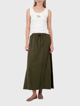 Olive green modal skirt with a flowing silhouette, adjustable waist, and side slit, embodying modern minimalist style.