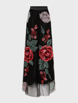 Elegant black rose print on the Olympia skirt, showcased hanging to highlight its design.