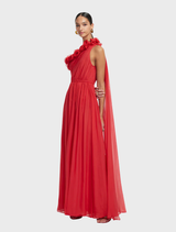 Chic scarlet maxi dress featuring a one shoulder silhouette, suitable for weddings or upscale gatherings.