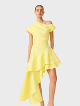 Yellow one-shoulder gown featuring ruffle detailing, elegantly draping for a sophisticated look.