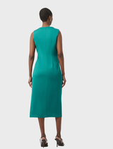 Sleeveless green satin sheath dress featuring a scoop neck, decorative pleats, side slit, and back zipper for movement.