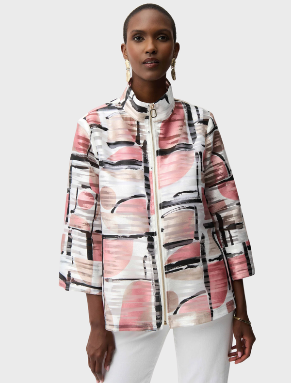 Organza Abstract Jacket featuring a pink and white print, showcasing a stylish and modern design.