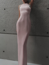Rosewater Oryx Column Gown, characterized by its elegant lines and chic, minimalist aesthetic.