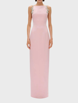 Elegant Oryx Column Gown in a soft rosewater hue, featuring a sleek silhouette and refined design.