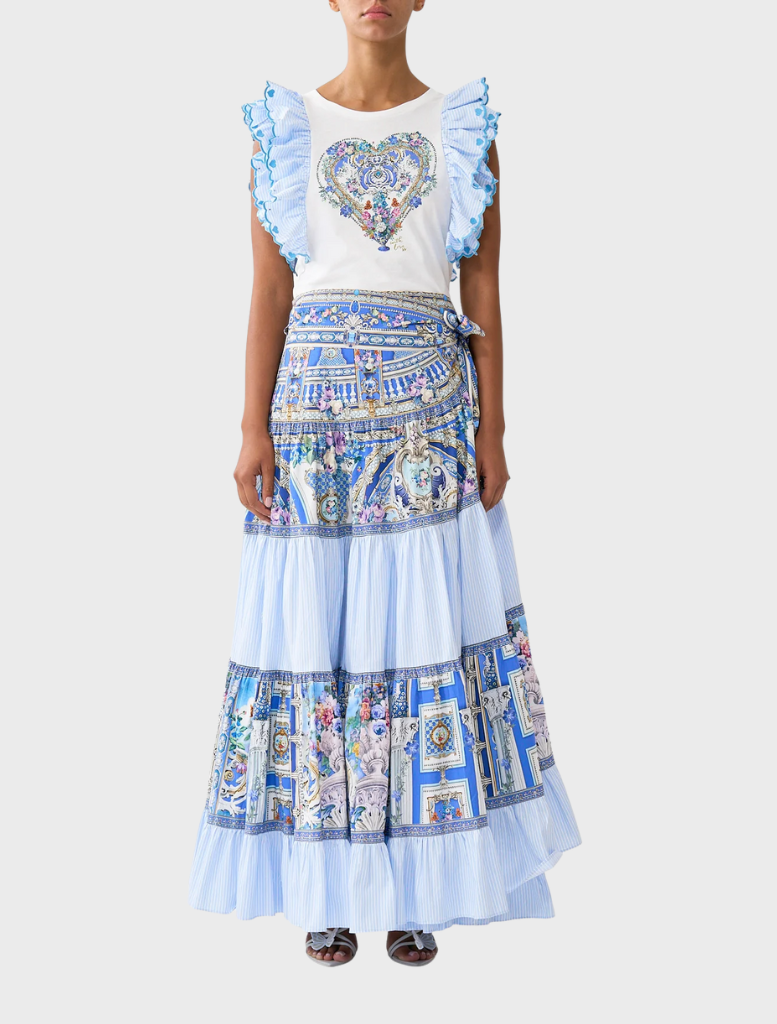 Blue and white floral patterned skirt paired with a Double Frill Sleeve Tee by Ottoopp.
