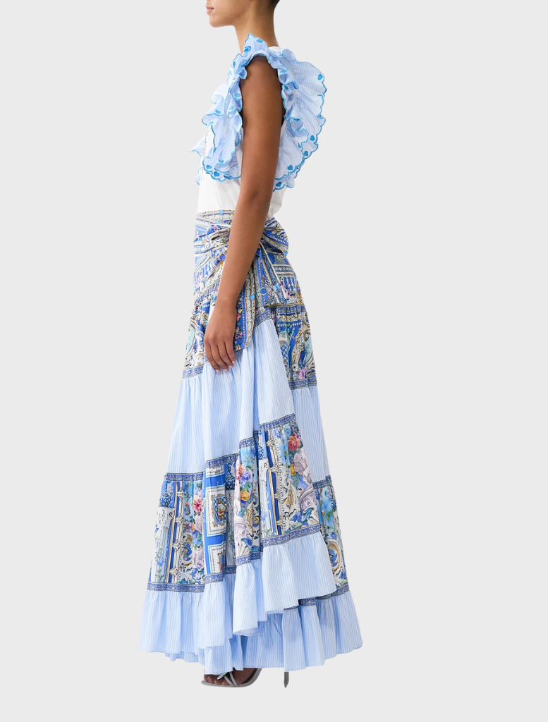 Blue and white patterned skirt paired with a Double Frill Sleeve Tee by Ottoopp.